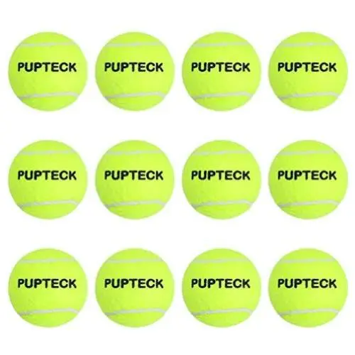 PUPTECK 12 Pack Squeaky Tennis Balls for Small and Medium Dogs Outdoor, Interesting Interactive Toys Running Yellow with A Net Bag