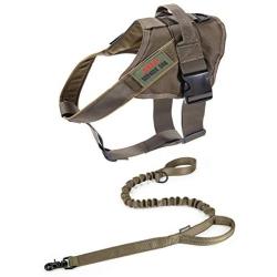 Tactical Dog Harness Vest Adjustable Military Bungee Dog Leash Elastic Leads Rope with Handle(Ranger Green,Large)
