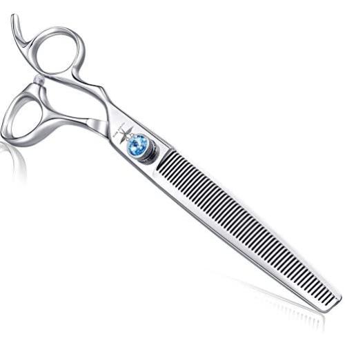 8 Inch Left Handed Dog Grooming Scissors Professional Straight, Downward Curved Pet Cutting, Thinning Texturizing, Chunker Shears Safety Trimming Shearing for Dogs Cats Japanese Stainless Steel Silver
