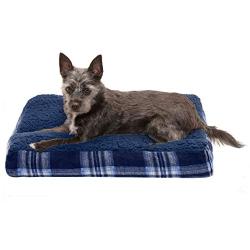 Furhaven Pet Dog Bed - Deluxe Terry and Plaid Flannel Pillow Cushion Traditional Mattress Pet Bed with Removable Cover for Dogs and Cats, Midnight Blue, Small