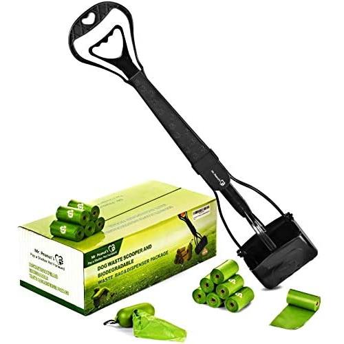 Mr. Peanuts 28'' Pooper Scooper Pack with 12 Rolls (180) of Recycled Fitted Bags and Dispenser, Heavy Duty ABS Plastic Bin & Durable Double Spring Clamp, Lightweight Design, Simple One Click Assembly