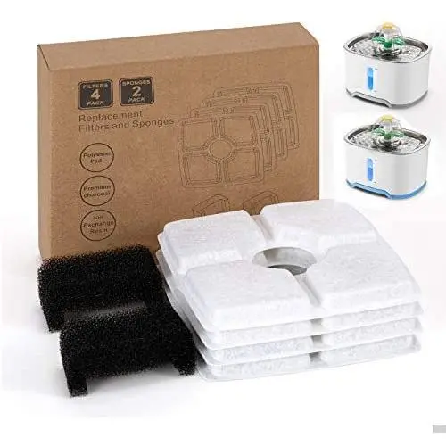 Cat Water Fountain Replacement Filters,Cotton Activated Carbon Replacement Water Fountain Filter for Flower Pet Water Fountain with 4 Pack Replacement Filters&2 Pack Sponges
