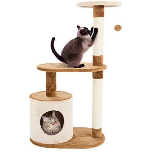 PETMAKER Cat Tree Condo 3 Tier with Condo & Scratching Posts, 37.5'', Brown & Tan