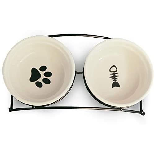 MushroomCat Pet Personalized Cute Feeder Double Ceramic Cat Dog Bowl Dishes Elevated Food and Water Bowls with Metal Raised Antiskid Stand