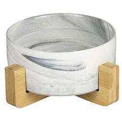 Jerock Ceramic Cat Dog Bowls Raised Food and Water Dish with Anti-Slip Wooden Stand Elevated Round Pet Feeding Bowl Dishwasher Safe & Easy to Clean