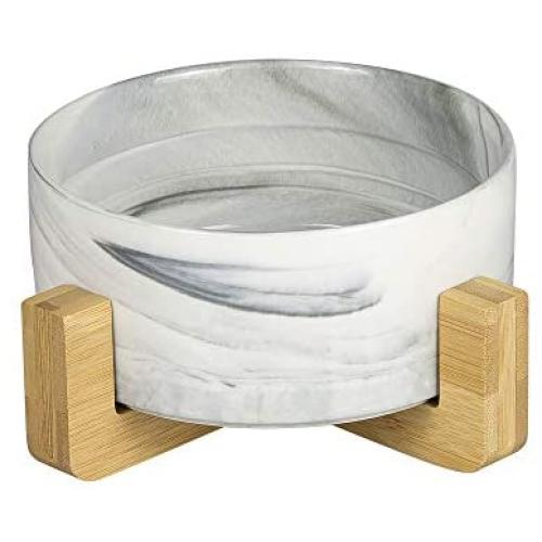 Jerock Ceramic Cat Dog Bowls Raised Food and Water Dish with Anti-Slip Wooden Stand Elevated Round Pet Feeding Bowl Dishwasher Safe & Easy to Clean