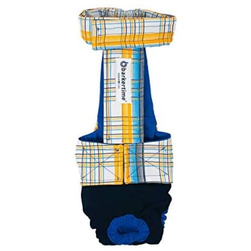 Barkertime Premium Waterproof Dog Diaper Overall - Made in USA - Blue Yellow Plaid on Black Escape-Proof Waterproof Premium Dog Diaper Overall, XXL, Without Tail Hole