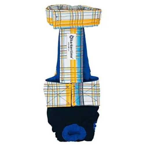 Barkertime Premium Waterproof Dog Diaper Overall - Made in USA - Blue Yellow Plaid on Black Escape-Proof Waterproof Premium Dog Diaper Overall, XXL, Without Tail Hole Barkertime Premium Waterproof Dog Diaper Overall - Made in USA - Blue Yellow Plaid on Black Escape-Proof Waterproof Premium Dog Diaper Overall, XXL, Without Tail Hole