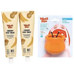 West Paw Creamy Dog Training Treat (Peanut Butter & Banana, 2 Pack) and Zogoflex Toppl Treat Dispensing Dog Toy Puzzle (Tangerine, Small)