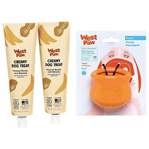 West Paw Creamy Dog Training Treat (Peanut Butter & Banana, 2 Pack) and Zogoflex Toppl Treat Dispensing Dog Toy Puzzle (Tangerine, Small) West Paw Creamy Dog Training Treat (Peanut Butter & Banana, 2 Pack) and Zogoflex Toppl Treat Dispensing Dog Toy Puzzle (Tangerine, Small)