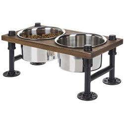 MyGift Rustic Wood and Industrial Metal Double Pet Dog Cat Feeder with Stand