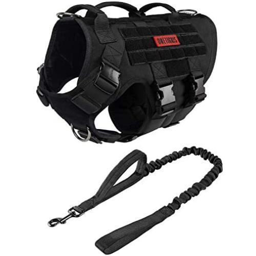 OneTigris Large Tactical Dog Harness and Dog Leash Set, No Pulling Adjustable Dog Vest Harness, Heavy Duty Dog Harness with Handle(Black,L)