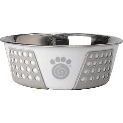 PetRageous 13095 Fiji Stainless-Steel Non-Slip Dishwasher Safe Dog Bowl 3.75-Cup Capacity 6.75-inch Diameter 2.5-inch Tall for Medium and Large Dogs, White and Gray