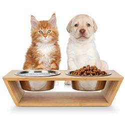 Wantryapet Elevated Dog Cat Dog Feeder with 2 Stainless Steel Bowls, Bamboo Raised Stand Pet Feeder Perfect for Small Dogs & Cats