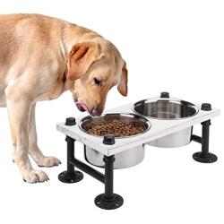 MyGift Vintage White Wood & Industrial Metal Elevated Double Pet Feeder Stand with 2 Stainless Steel Bowls