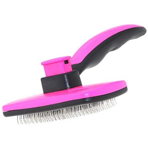 Mile High Life Self-Cleaning Slicker Grooming Dogs Cats Brush | Under Coat Rake for Loose Fur | Long Short Haired Pet | Blue Pink Color | Comfy Message Head Relaxation | Push Button for Easy Clean