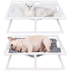 Reversible Elevated Cat Cot Bed, Winter Summer Dual-purpose Cat Hammock Puppy Nest Camping Bed, Striped Canvas & White Fleece, Portable Indoor/Outdoor Pet Lounge, Detachable Cover, Stable PVC Frame