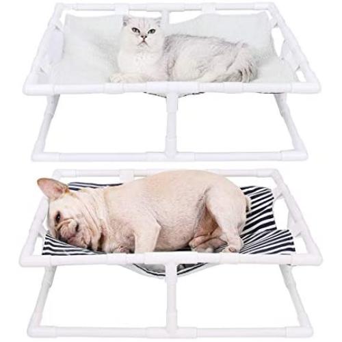 Reversible Elevated Cat Cot Bed, Winter Summer Dual-purpose Cat Hammock Puppy Nest Camping Bed, Striped Canvas & White Fleece, Portable Indoor/Outdoor Pet Lounge, Detachable Cover, Stable PVC Frame