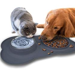 Double Dog Bowls, Pet Stainless Steel Water Bowl,3 in 1 Dog Slow Feeder with Non-Spill Silicone Tray Bone Shape Non-Slip Mat, Collapsible Removable Dog Cat Food Water Bowl