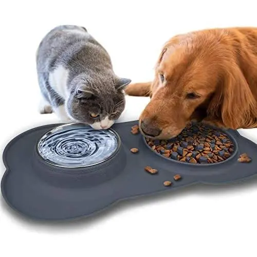Double Dog Bowls, Pet Stainless Steel Water Bowl,3 in 1 Dog Slow Feeder with Non-Spill Silicone Tray Bone Shape Non-Slip Mat, Collapsible Removable Dog Cat Food Water Bowl Double Dog Bowls, Pet Stainless Steel Water Bowl,3 in 1 Dog Slow Feeder with Non-Spill Silicone Tray Bone Shape Non-Slip Mat, Collapsible Removable Dog Cat Food Water Bowl