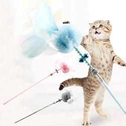 ocijf179 Cat Teaser Pet Cat Kitten Teaser Beads Bell Plush Ball Feather Playing Stick Wand Chew Toy - Grey