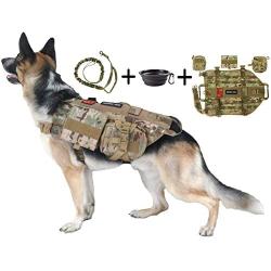 Tri Cloud Sports Dog Tactical Harness – 1000D Nylon Molle Vest Includes Leash | 3 Pouches | 3 Patches | Collapsible BPA Free Bowl