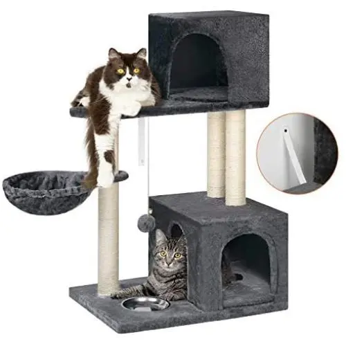 BTY Cat Tree, Small Cat Trees and Towers Multi-Level Cat Scratching Post Tree Stand House Cat Activity Center with Feed Bowl, Bells, House Cave for Cats & Kittens BTY Cat Tree, Small Cat Trees and Towers Multi-Level Cat Scratching Post Tree Stand House Cat Activity Center with Feed Bowl, Bells, House Cave for Cats & Kittens
