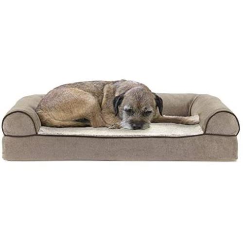 Furhaven Pet Dog Bed - Cooling Gel Memory Foam Faux Fleece and Chenille Soft Woven Traditional Sofa-Style Living Room Couch Pet Bed with Removable Cover for Dogs and Cats
