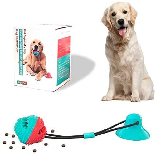 KUSSONLI Dog Chew Suction Cup Toys Tug of War Toy for Pet Aggressive chewers,Multifunction Interactive Rope Ball Toys with Teeth Cleaning and Food Dispensing Features,Molar Bite Squeaky Toys Red Blue