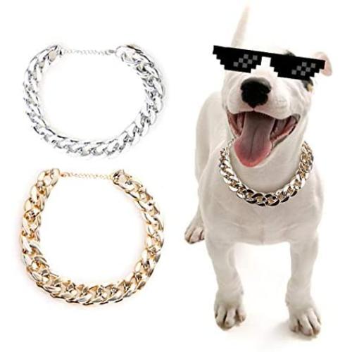 Hanamaki 2Pcs Gold Plastic Collar Link Dog Chain Necklace. Cute Fashion Bling Pet Metal Look Jewelry for Small and Medium Cat Dog Accessories (14.6-17.3inch)