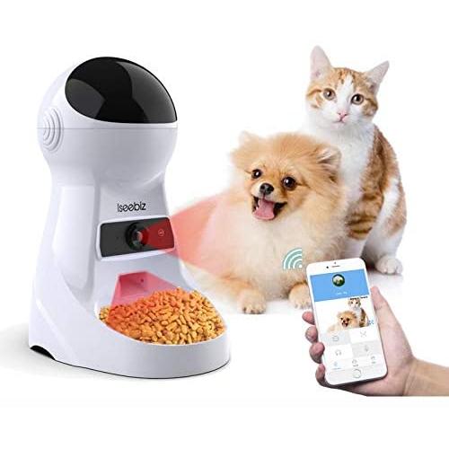 Iseebiz Automatic Pet Feeder with Camera, 3L App Control Smart Feeder Cat Dog Food Dispenser, 2-Way Audio, Voice Remind, Video Record, 6 Meals a Day for Medium Small Cats Dogs, Compatible with Alexa