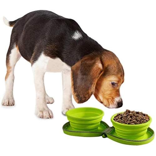 ALL FOR PAWS Collapsible Dog Bowl Silicone Double Dinner Dog Bowl Portable Pet Feeding Watering Dish for Walking Parking Traveling, Green