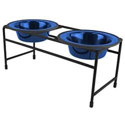 Platinum Pets Double Diner Feeder with Stainless Steel Cat Bowls, 6 oz, Blue