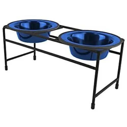 Platinum Pets Double Diner Feeder with Stainless Steel Cat Bowls, 6 oz, Blue