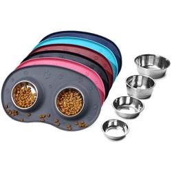 Vivaglory Dog Bowls Set with Double Stainless Steel Feeder Bowls and Wider Non Skid Spill Proof Silicone Mat for Cats Puppies Dogs