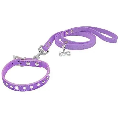 Dogs Kingdom 10''-16.5'' Total Length Suede Skin Jeweled Rhinestones Pet Dog Collar Leash Set Sparkly Crystal Diamonds Studded Leather Puppy Dog Cat Collar Leash Set Dogs Kingdom 10''-16.5'' Total Length Suede Skin Jeweled Rhinestones Pet Dog Collar Leash Set Sparkly Crystal Diamonds Studded Leather Puppy Dog Cat Collar Leash Set