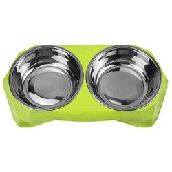 Double Stainless Steel Pet Dog Cat Puppy Feeding Food Water Bowls with No Spill Non-Skid Plastic Raised Stand Mat Pet Diner Elevated Feeder Collapsible Dish Bowl Tray Set for Dogs Cats Puppies