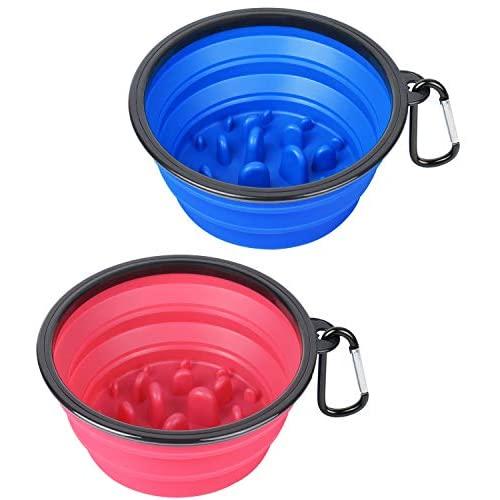 PetBonus 2-Pack Slow Feed Large Collapsible Dog Bowl (4 Cups,34oz), BPA Free Dishwasher Safe, Portable Foldable Travel Bowl, Food Cup Dish for Dogs Cats with 2 Carabiners