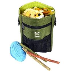 Dog Clicker Treat Walking Training Pouch Bag Bonus Clicker Trainer - Built-in Double Poop Bag Dispenser, Drawstring Closure - Carries Balls, Toys, Treats - 3 Ways to Wear