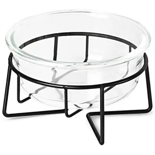 MUZITY Glass Raised Cat Small Dog Dishes, 20 Ounces Pet Food or Water Bowls with Metal Stand, Transparent MUZITY Glass Raised Cat Small Dog Dishes, 20 Ounces Pet Food or Water Bowls with Metal Stand, Transparent
