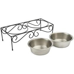 PetRageous 11139SS Scroll Stainless Steel Non Slip Dog Diner, Black, 6.5-Cup Capacity, Dishwasher Safe Stainless Steel Bowls, 5.20-Inch Tall Feeder, for Large and Extra Large Dogs and Cats