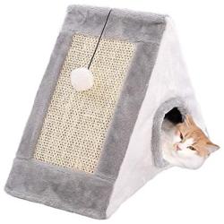 SJINC Cat Cave Bed & Scratcher Pads Soft Lining Triangle Kitten House with with Fluffy Ball Hanging and Sisal Clawing Board Scratch Pad