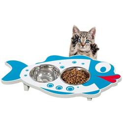 Bundaloo Elevated Cat Bowl Feeder Set - Raised Bowls for Cats & Puppies with Cute Fish Design & Vibrant Colors - 2 x 7 Oz Durable Stainless Steel Bowls for Food and Water – 18.5”x 10.5”x 2.13”