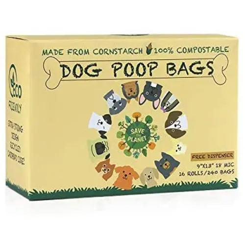 Jubees Dog Poop Bags, Pet Waste Bags, 240 Bags, 100% Made from Cornstarch, 100% Compostable and Biodegradable, 100% Eco-Friendly & Earth-Friendly, Guaranteed Leak-Proof, One FREE Dispenser Included