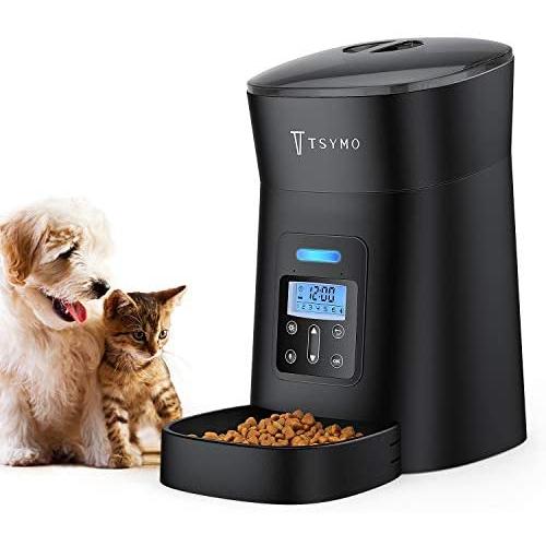 TSYMO Automatic Cat Feeder - 1-6 Meals Auto Dog Food Dispenser with Anti-Clog Design, Timer Programmable, Voice Recording & Portion Control for Small & Medium Pets (4 L Black)