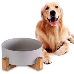 Ceramic Dog Bowls with Wood Stand, Dog Water Bowls and Food Dish, Heavy Weighted or No Tip Over Dog Comfort Food Bowls, Stoneware Pet Bowl,Extra High Capacity 8.4'' Diameter, for Large Dogs