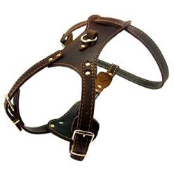 OCSOSO Durable Finest Brown Genuine Leather Dog Vest Harness Safety Dog Leather Harness Brass Plated for Medium Or Large Dogs 33.5''-35'' Chest with Dog Leash Hook