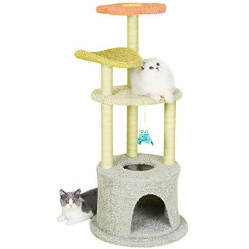 Furrytail Flower Cat Tree Condo with Scratching Post, Plush Perches and Teasing Toy, 44-Inch Cat Tower Kitten Play Platform House Furniture