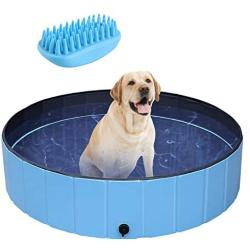 POTBY Foldable Pet Swimming Pool, Portable Collapsible Dog Bathing Tub, Round PVC Leakproof Water Pool with Brush, Indoor Outdoor Playing Wash Pond for Puppy, Dogs, Cats