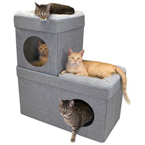 Kitty City Large Stackable Tan Cat Condo, Cat Cube, Cat House, Pop Up Bed, Cat Ottoman